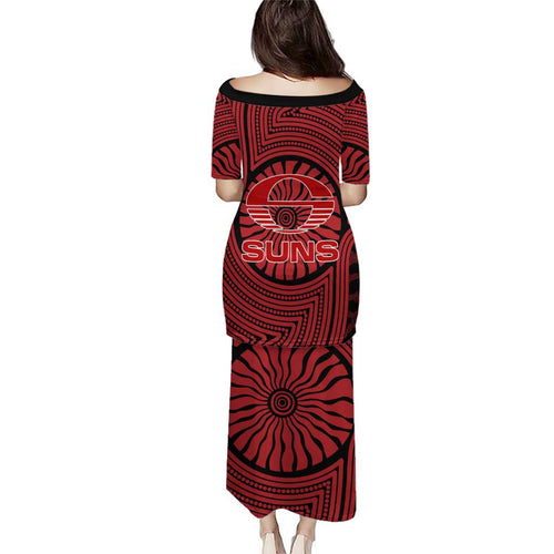 Gold Coast Suns Family Matching Puletasi and Hawaiian Shirt Indigenous Monochrome Dot Art Mascot Style