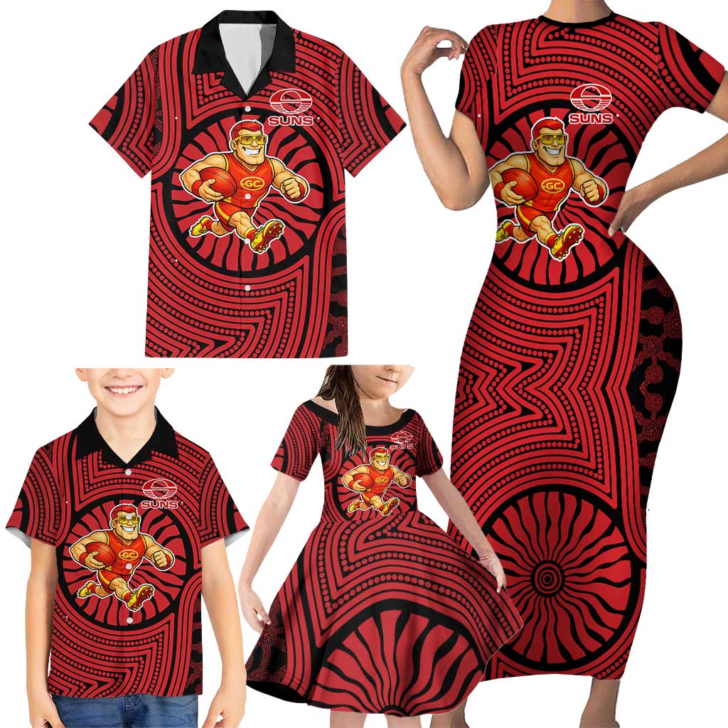 Gold Coast Suns Family Matching Short Sleeve Bodycon Dress and Hawaiian Shirt Indigenous Monochrome Dot Art Mascot Style