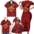 Gold Coast Suns Family Matching Short Sleeve Bodycon Dress and Hawaiian Shirt Indigenous Monochrome Dot Art Mascot Style