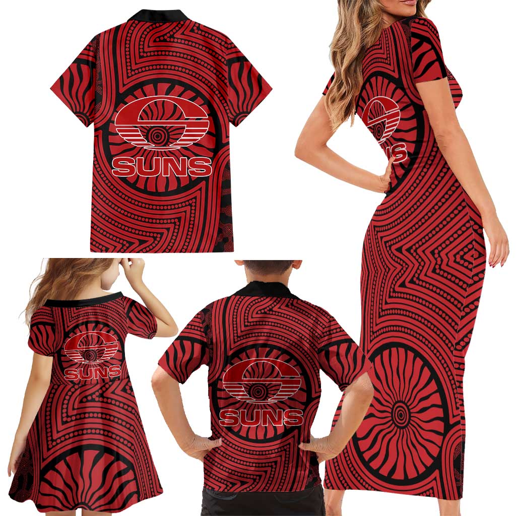 Gold Coast Suns Family Matching Short Sleeve Bodycon Dress and Hawaiian Shirt Indigenous Monochrome Dot Art Mascot Style