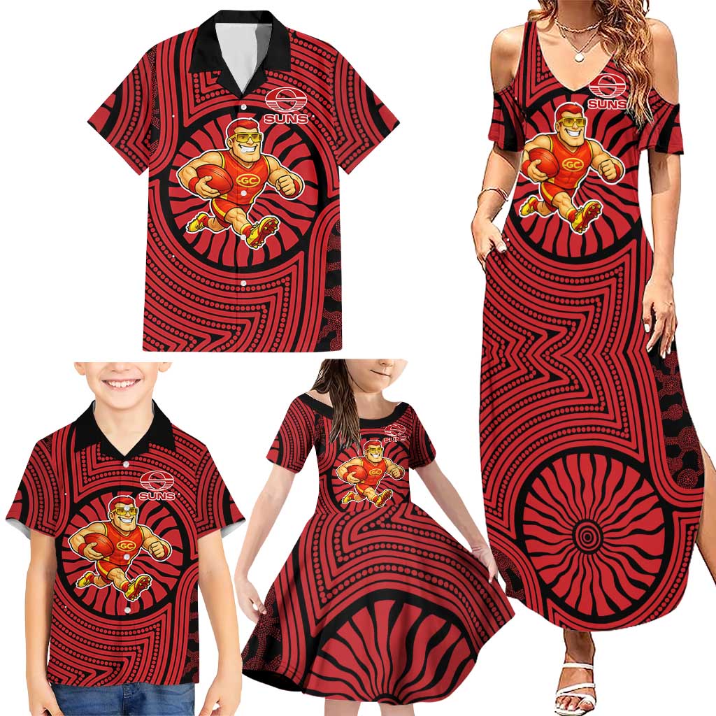 Gold Coast Suns Family Matching Summer Maxi Dress and Hawaiian Shirt Indigenous Monochrome Dot Art Mascot Style