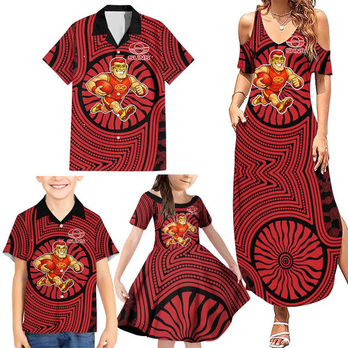 Gold Coast Suns Family Matching Summer Maxi Dress and Hawaiian Shirt Indigenous Monochrome Dot Art Mascot Style