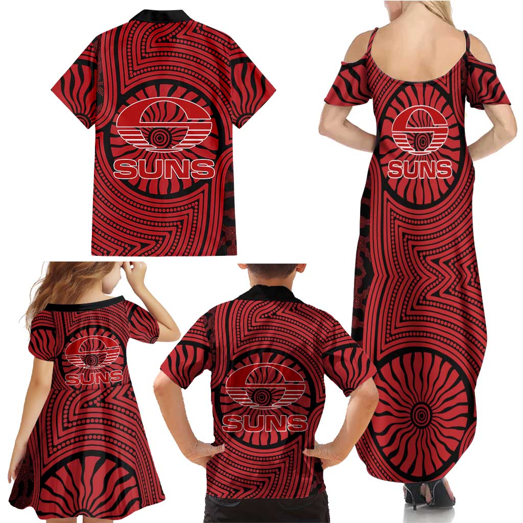 Gold Coast Suns Family Matching Summer Maxi Dress and Hawaiian Shirt Indigenous Monochrome Dot Art Mascot Style