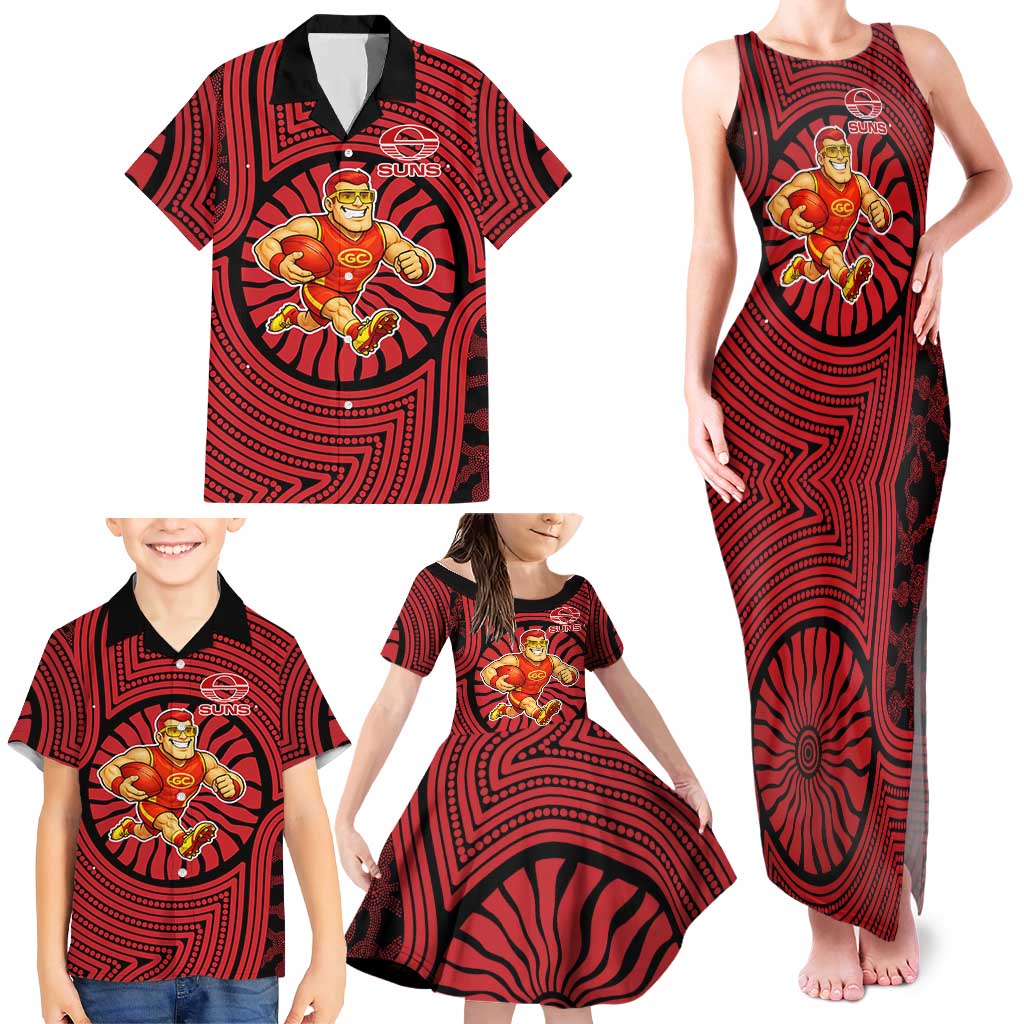 Gold Coast Suns Family Matching Tank Maxi Dress and Hawaiian Shirt Indigenous Monochrome Dot Art Mascot Style