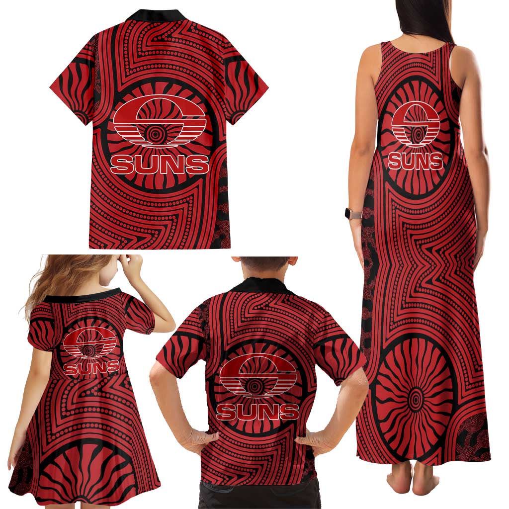 Gold Coast Suns Family Matching Tank Maxi Dress and Hawaiian Shirt Indigenous Monochrome Dot Art Mascot Style