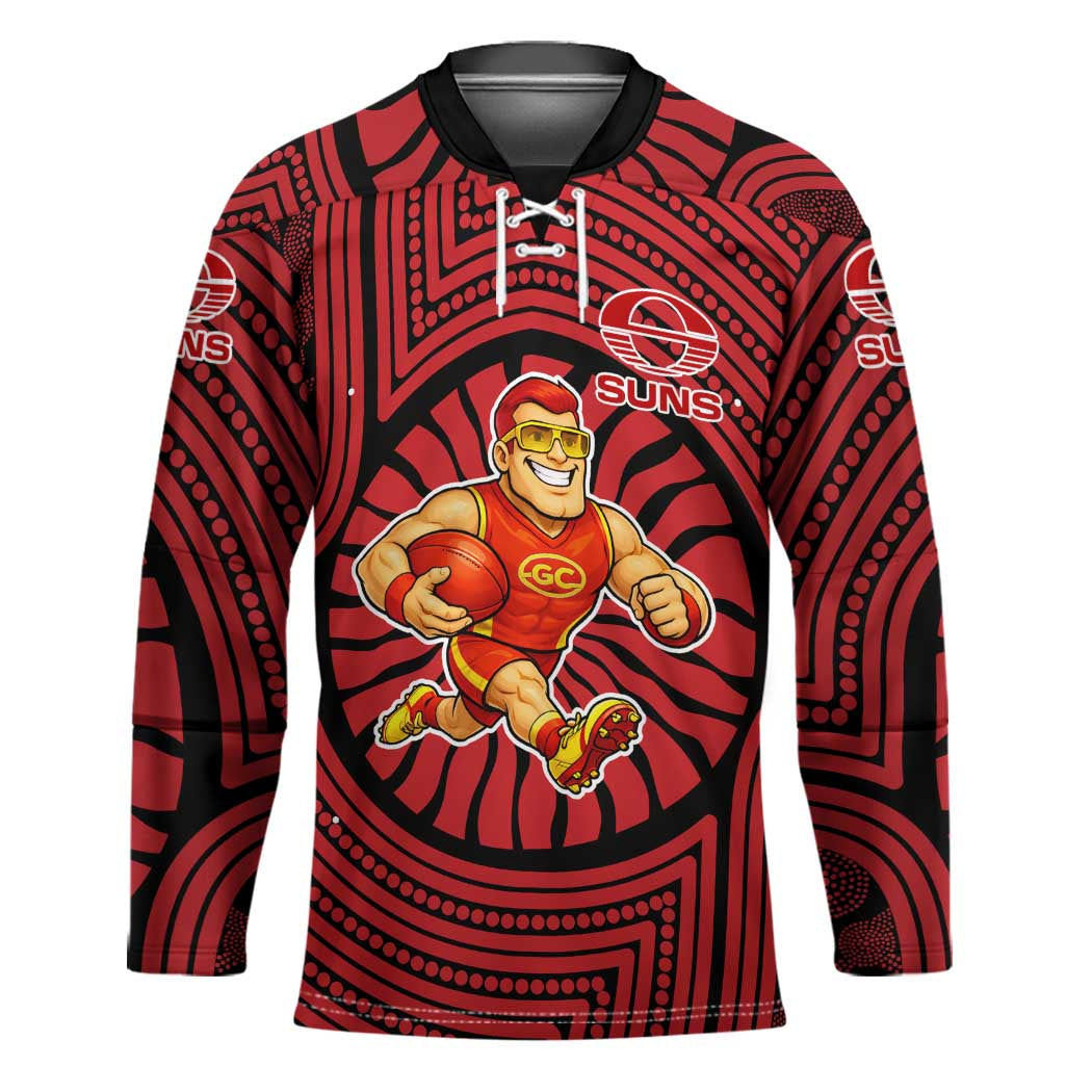 Gold Coast Suns Hockey Jersey Indigenous Monochrome Dot Art Mascot Style