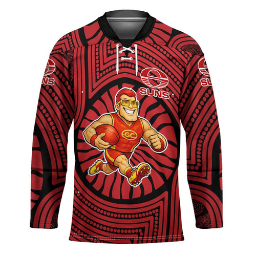 Gold Coast Suns Hockey Jersey Indigenous Monochrome Dot Art Mascot Style