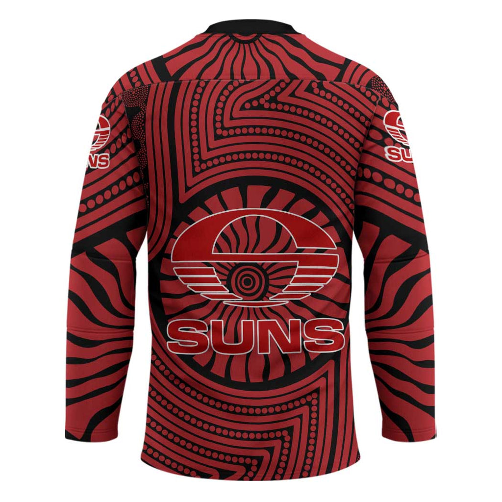 Gold Coast Suns Hockey Jersey Indigenous Monochrome Dot Art Mascot Style