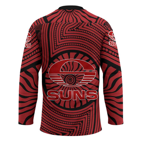 Gold Coast Suns Hockey Jersey Indigenous Monochrome Dot Art Mascot Style