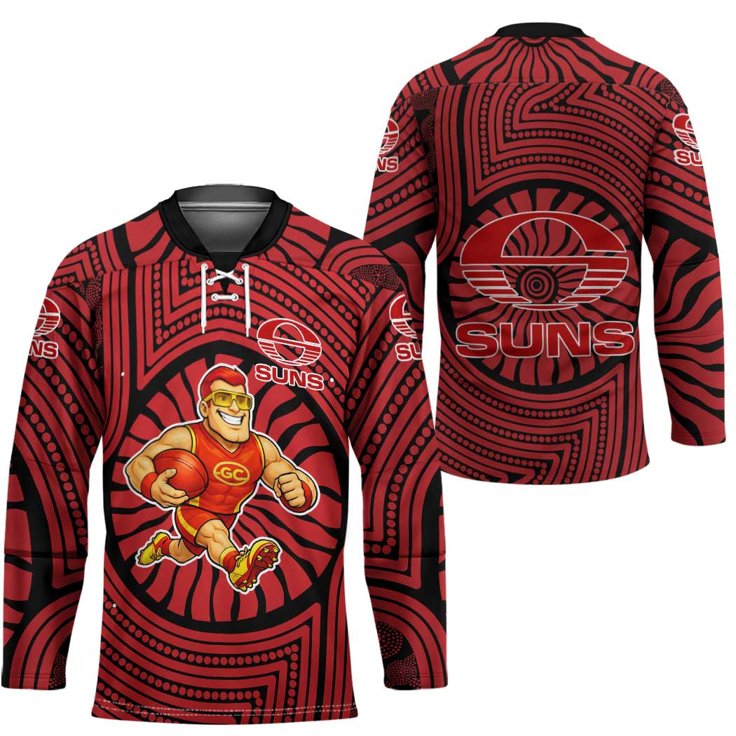 Gold Coast Suns Hockey Jersey Indigenous Monochrome Dot Art Mascot Style