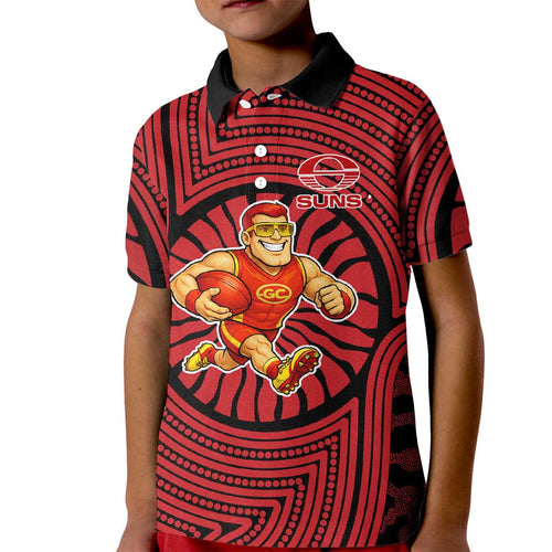 Gold Coast Suns Kid Polo Shirt Indigenous Monochrome Dot Art Mascot Style