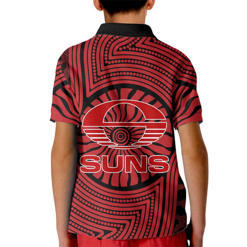Gold Coast Suns Kid Polo Shirt Indigenous Monochrome Dot Art Mascot Style