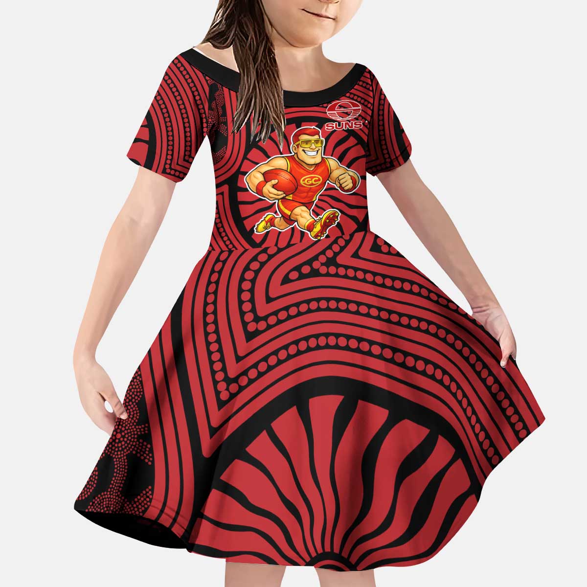 Gold Coast Suns Kid Short Sleeve Dress Indigenous Monochrome Dot Art Mascot Style