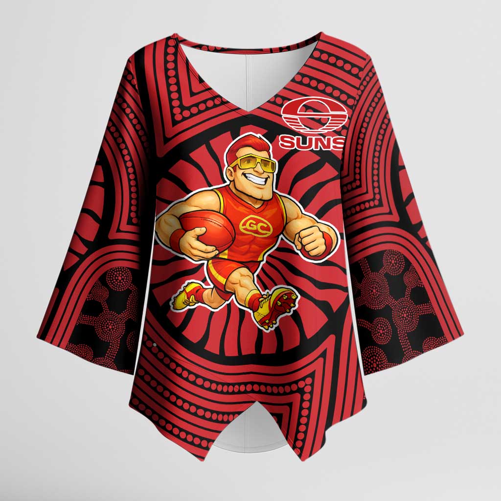 Gold Coast Suns Kimono Sleeve Blouse Indigenous Monochrome Dot Art Mascot Style