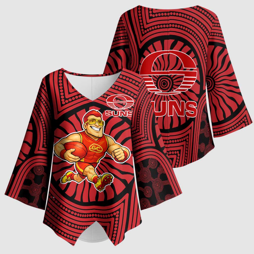 Gold Coast Suns Kimono Sleeve Blouse Indigenous Monochrome Dot Art Mascot Style