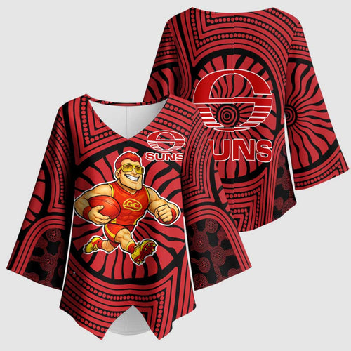 Gold Coast Suns Kimono Sleeve Blouse Indigenous Monochrome Dot Art Mascot Style