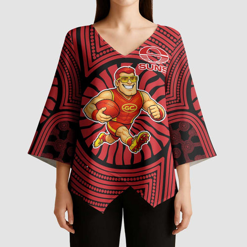 Gold Coast Suns Kimono Sleeve Blouse Indigenous Monochrome Dot Art Mascot Style
