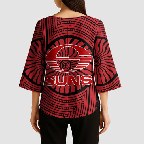 Gold Coast Suns Kimono Sleeve Blouse Indigenous Monochrome Dot Art Mascot Style