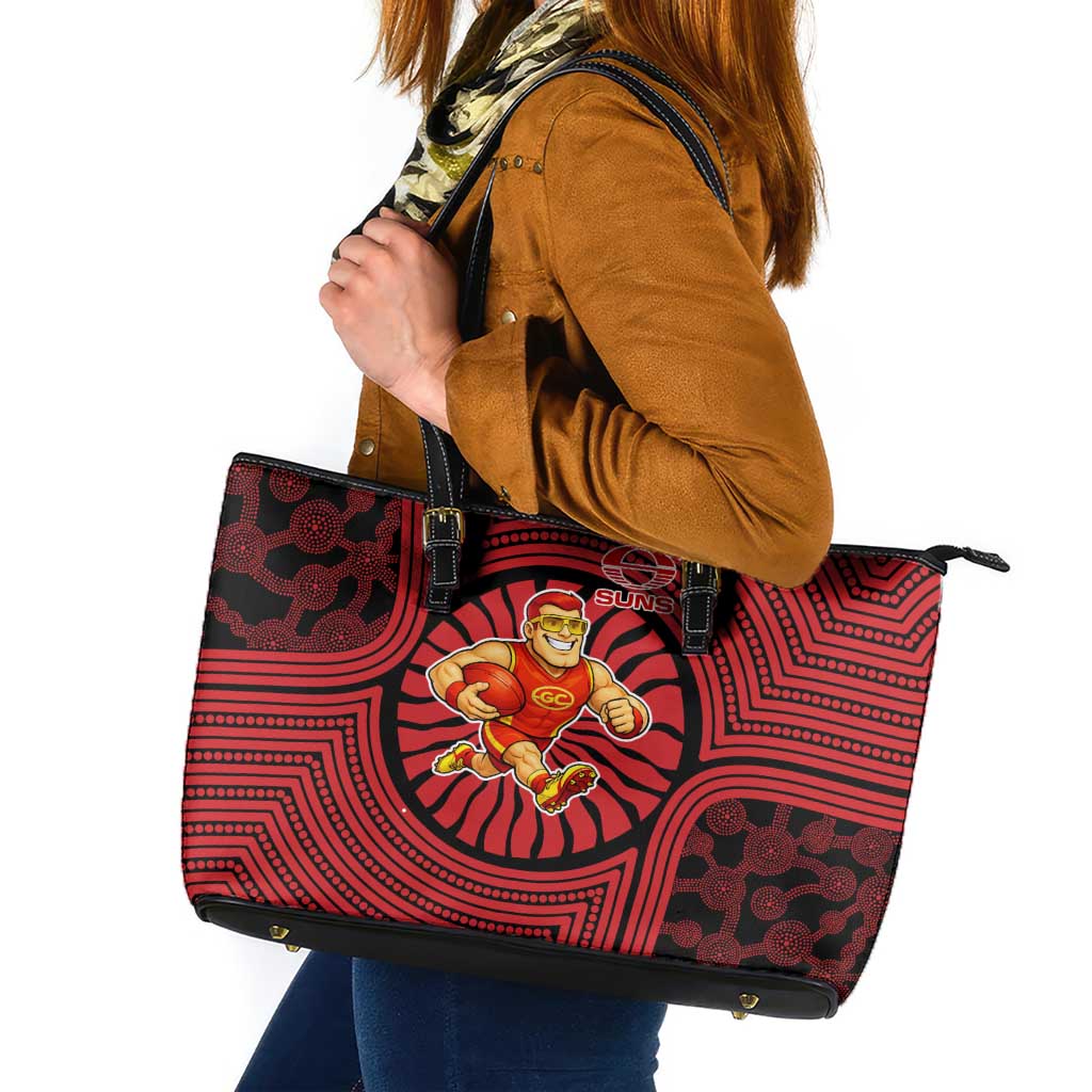 Gold Coast Suns Leather Tote Bag Indigenous Monochrome Dot Art Mascot Style
