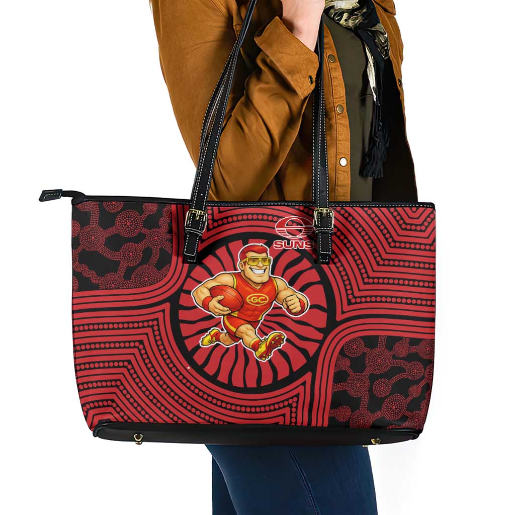 Gold Coast Suns Leather Tote Bag Indigenous Monochrome Dot Art Mascot Style