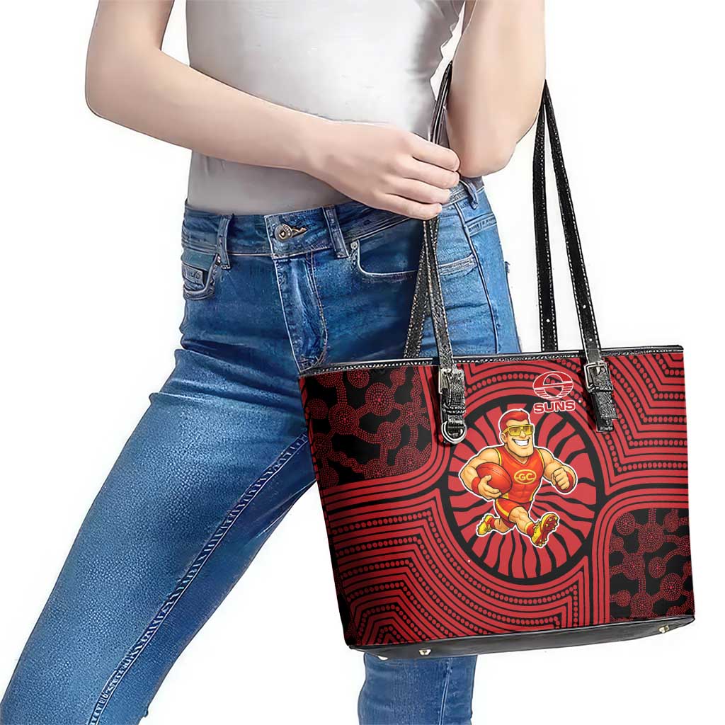 Gold Coast Suns Leather Tote Bag Indigenous Monochrome Dot Art Mascot Style