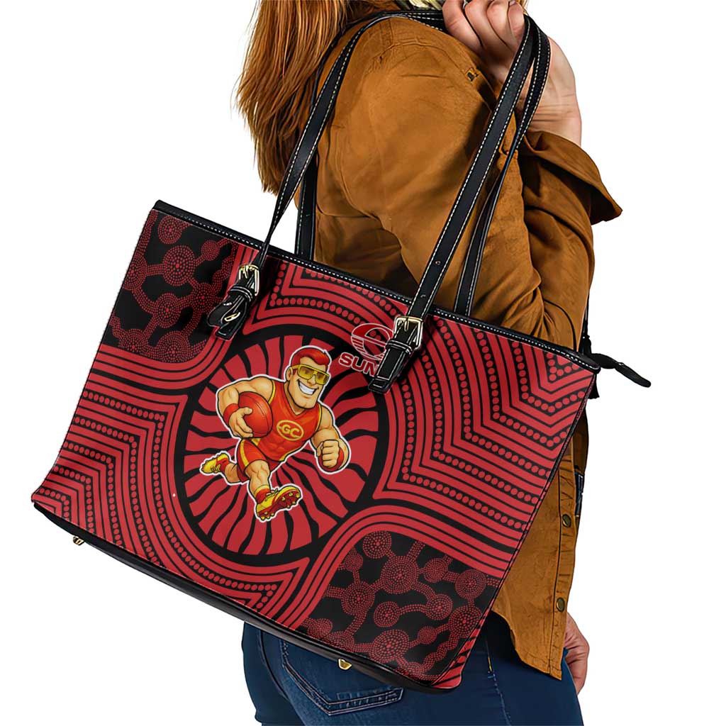 Gold Coast Suns Leather Tote Bag Indigenous Monochrome Dot Art Mascot Style