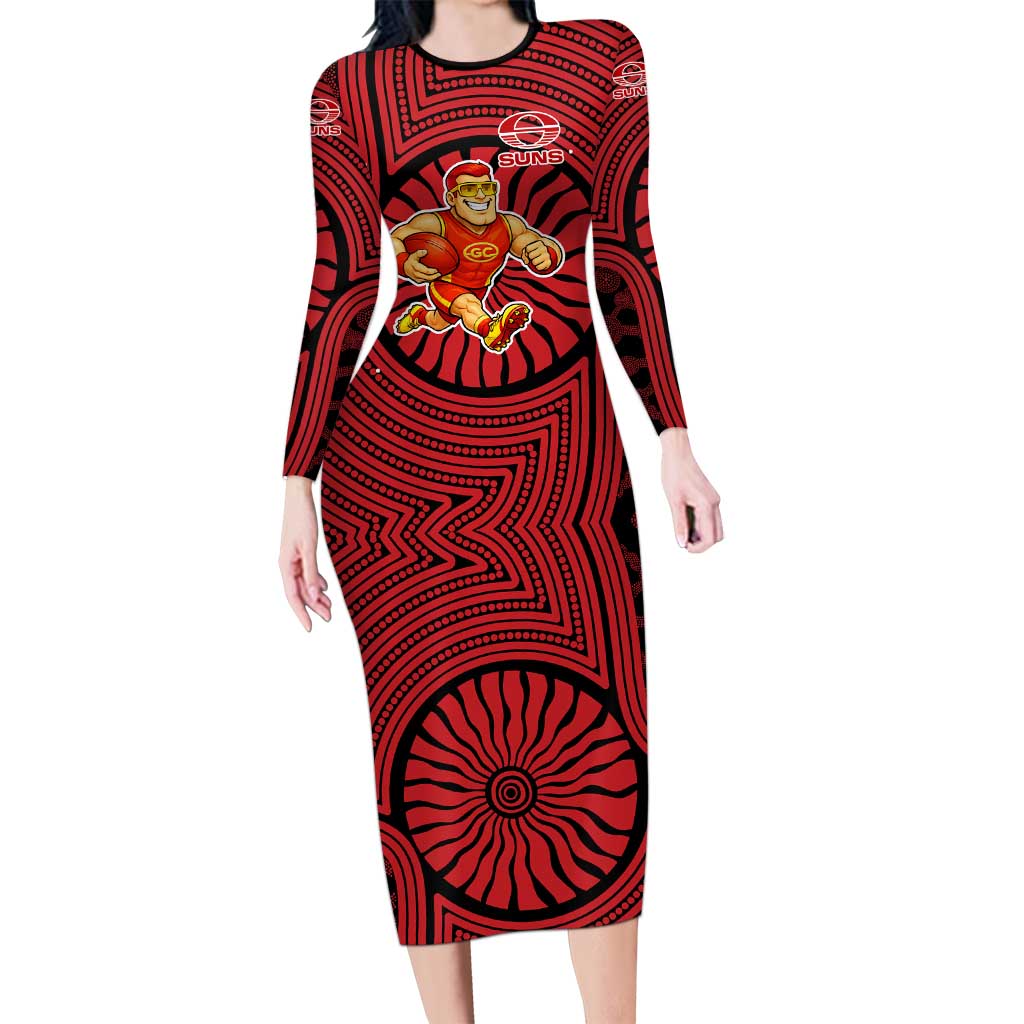 Gold Coast Suns Long Sleeve Bodycon Dress Indigenous Monochrome Dot Art Mascot Style