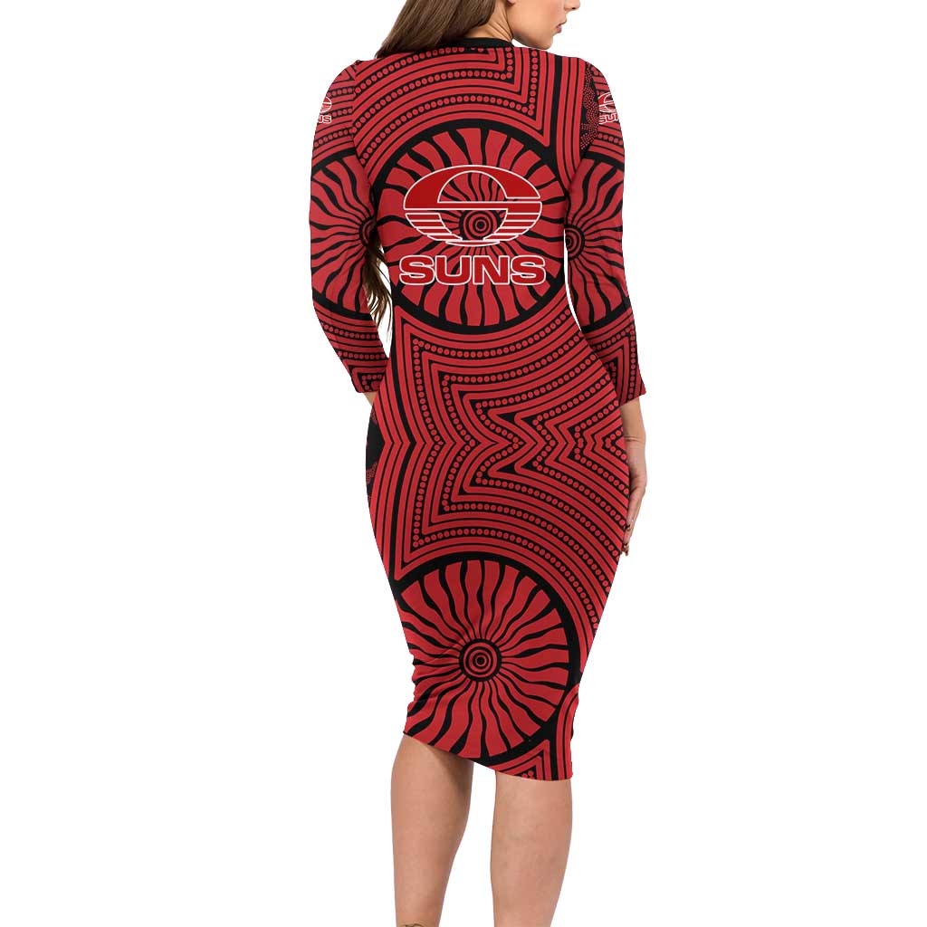 Gold Coast Suns Long Sleeve Bodycon Dress Indigenous Monochrome Dot Art Mascot Style