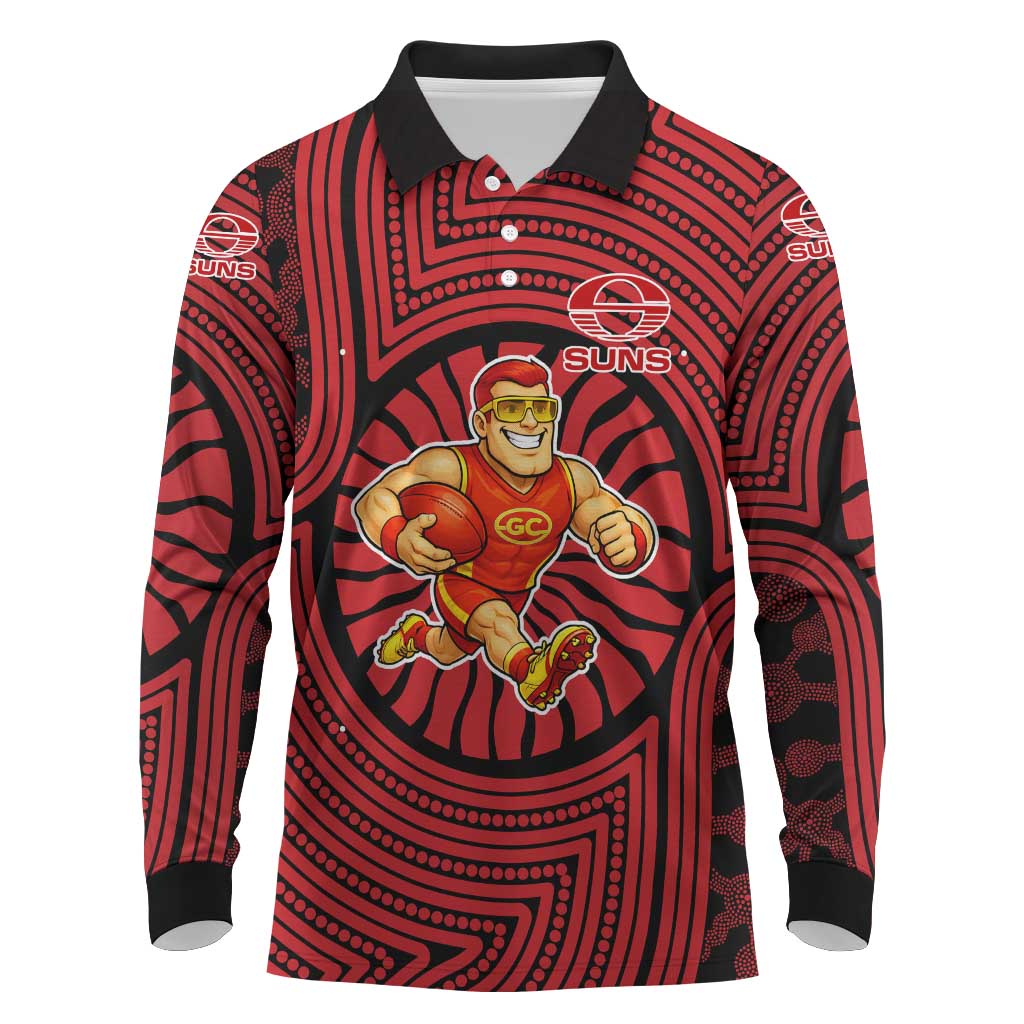 Gold Coast Suns Long Sleeve Polo Shirt Indigenous Monochrome Dot Art Mascot Style
