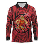 Gold Coast Suns Long Sleeve Polo Shirt Indigenous Monochrome Dot Art Mascot Style
