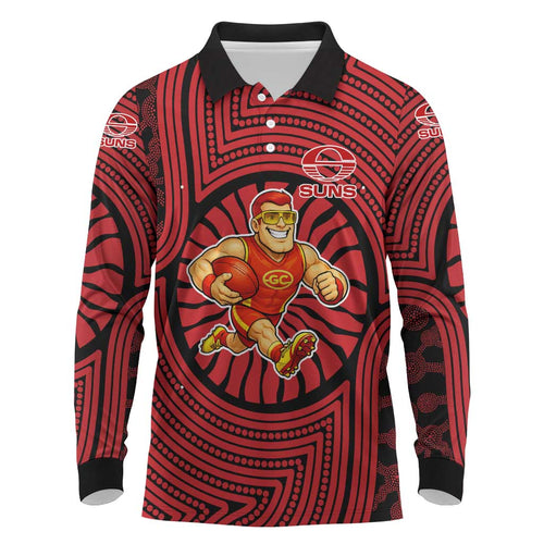 Gold Coast Suns Long Sleeve Polo Shirt Indigenous Monochrome Dot Art Mascot Style