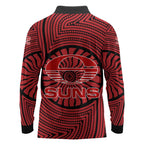 Gold Coast Suns Long Sleeve Polo Shirt Indigenous Monochrome Dot Art Mascot Style