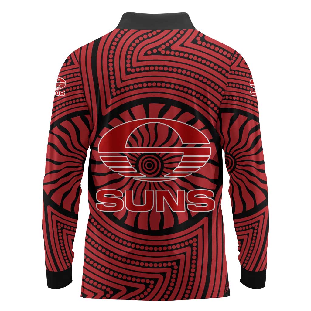 Gold Coast Suns Long Sleeve Polo Shirt Indigenous Monochrome Dot Art Mascot Style