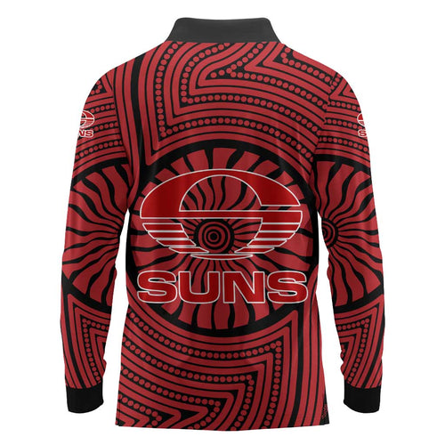Gold Coast Suns Long Sleeve Polo Shirt Indigenous Monochrome Dot Art Mascot Style
