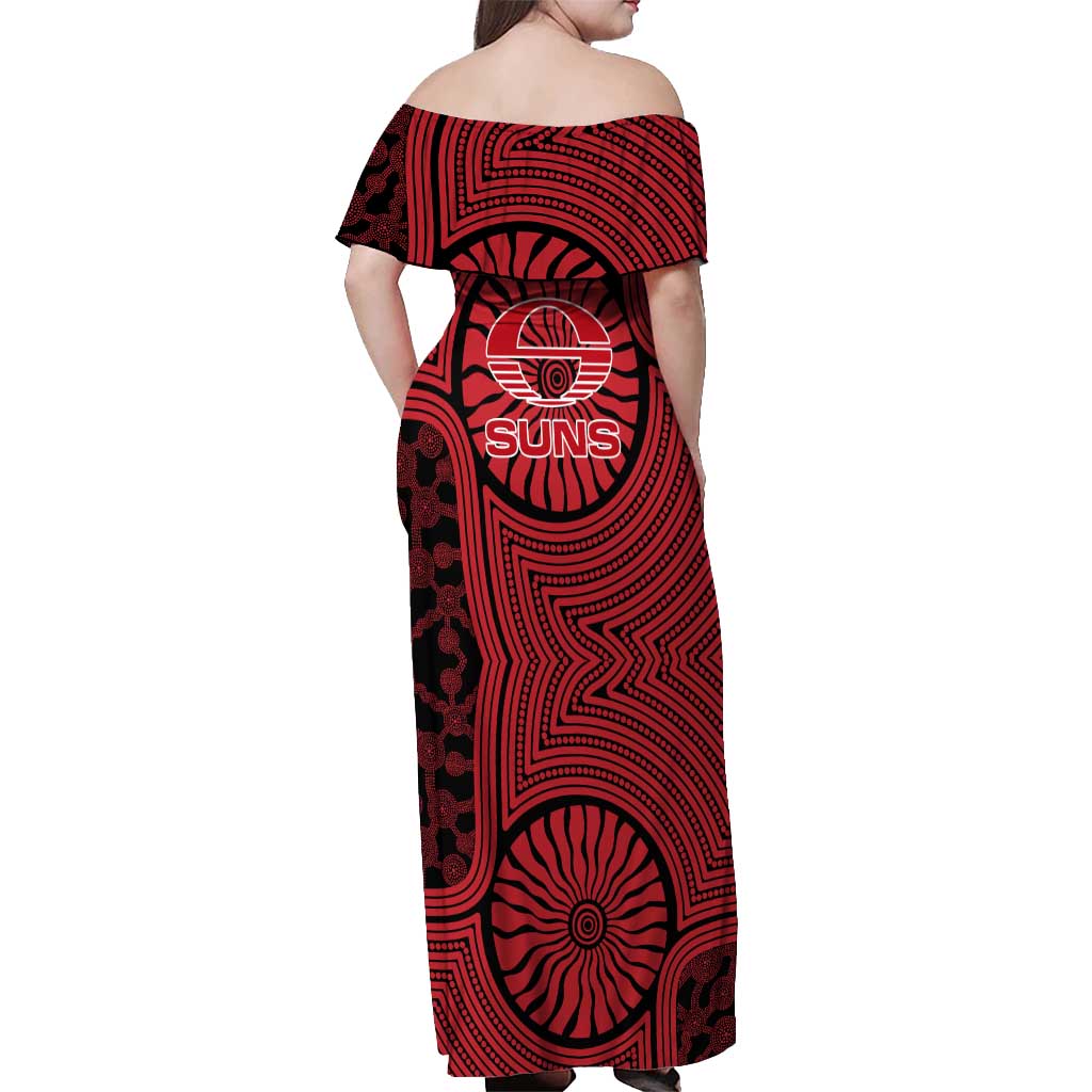 Gold Coast Suns Off Shoulder Maxi Dress Indigenous Monochrome Dot Art Mascot Style