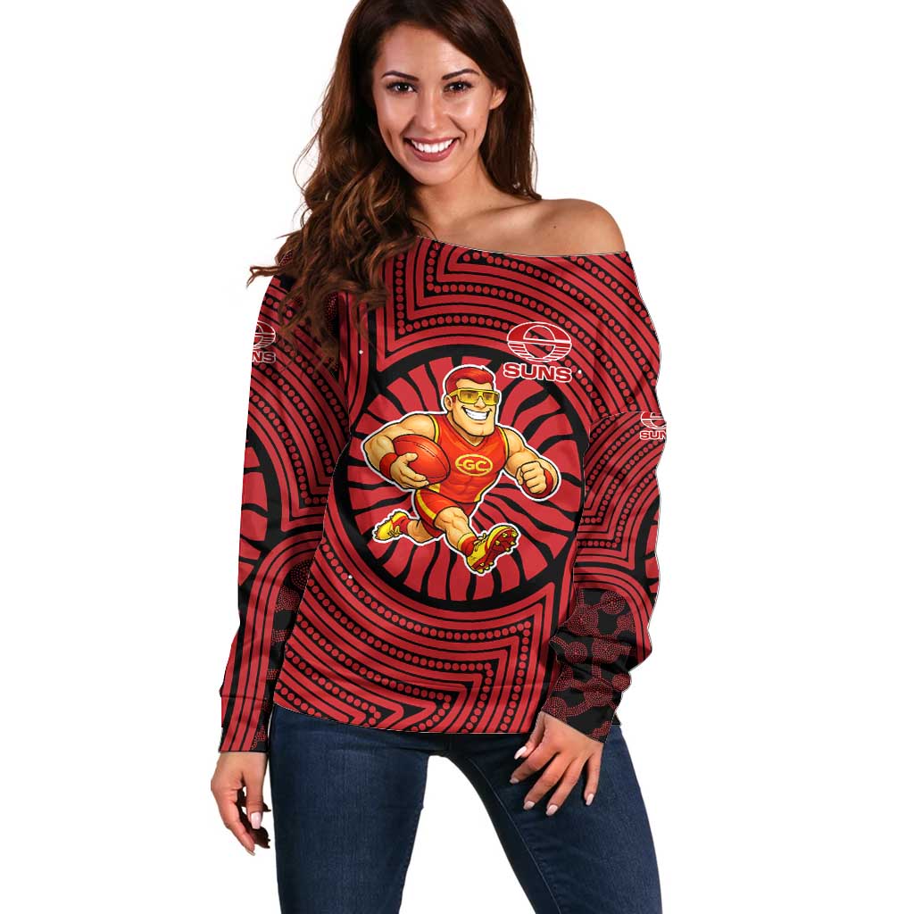 Gold Coast Suns Off Shoulder Sweater Indigenous Monochrome Dot Art Mascot Style