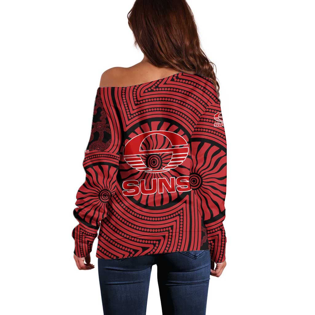 Gold Coast Suns Off Shoulder Sweater Indigenous Monochrome Dot Art Mascot Style
