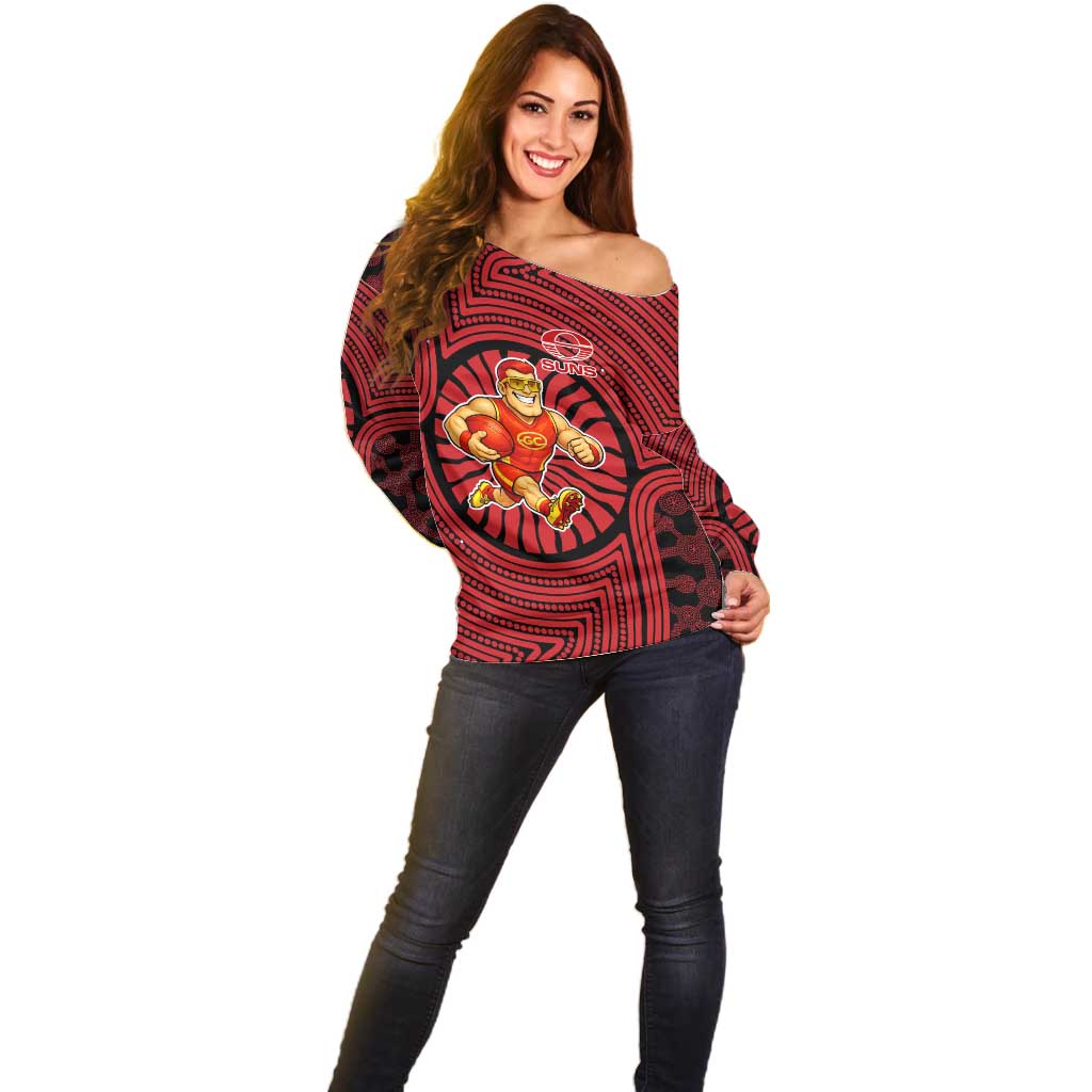 Gold Coast Suns Off Shoulder Sweater Indigenous Monochrome Dot Art Mascot Style