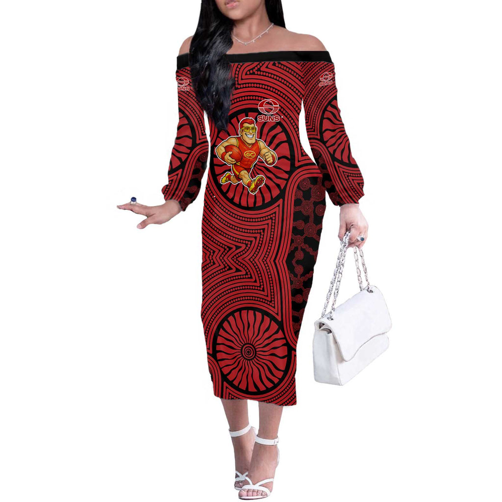 Gold Coast Suns Off The Shoulder Long Sleeve Dress Indigenous Monochrome Dot Art Mascot Style