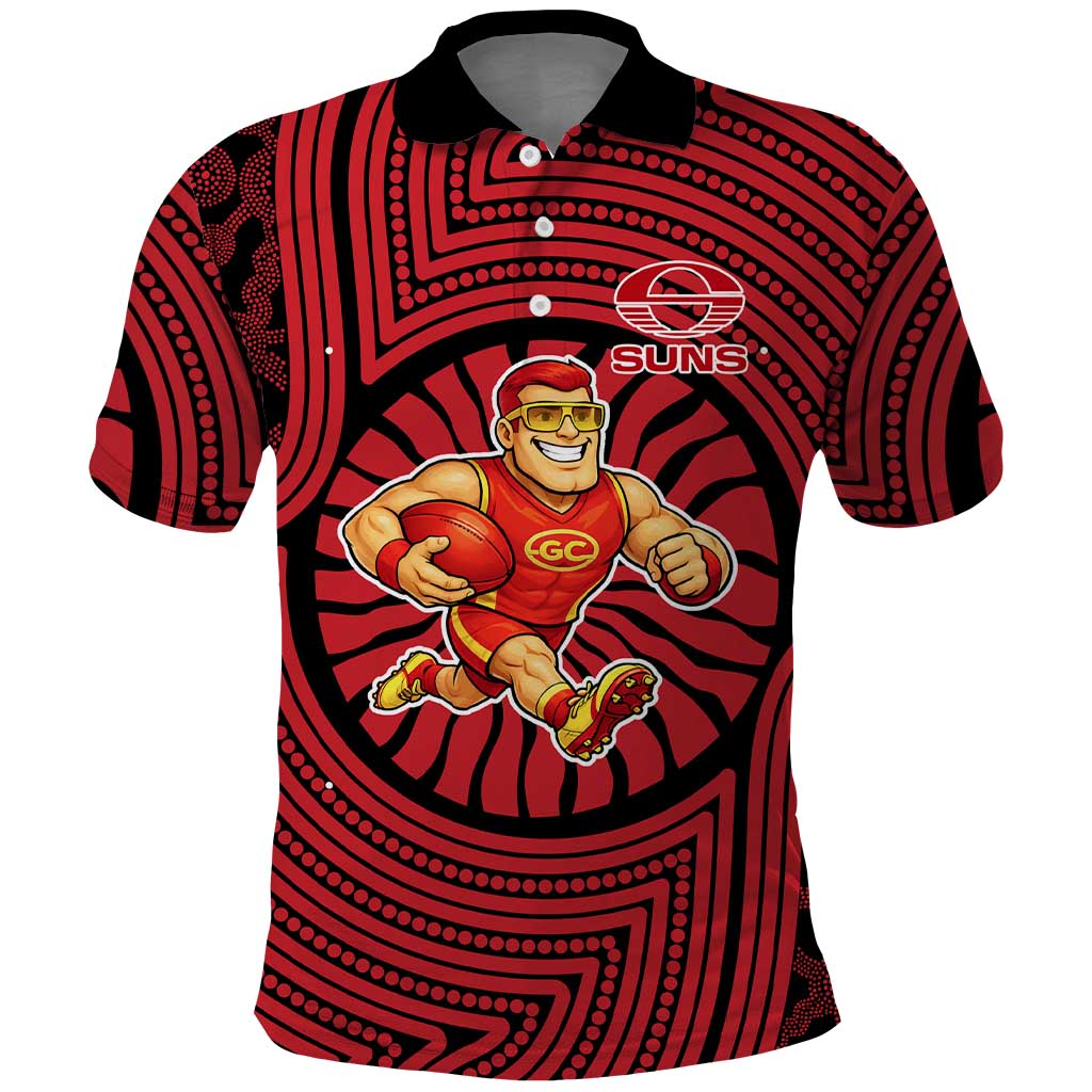 Gold Coast Suns Polo Shirt Indigenous Monochrome Dot Art Mascot Style