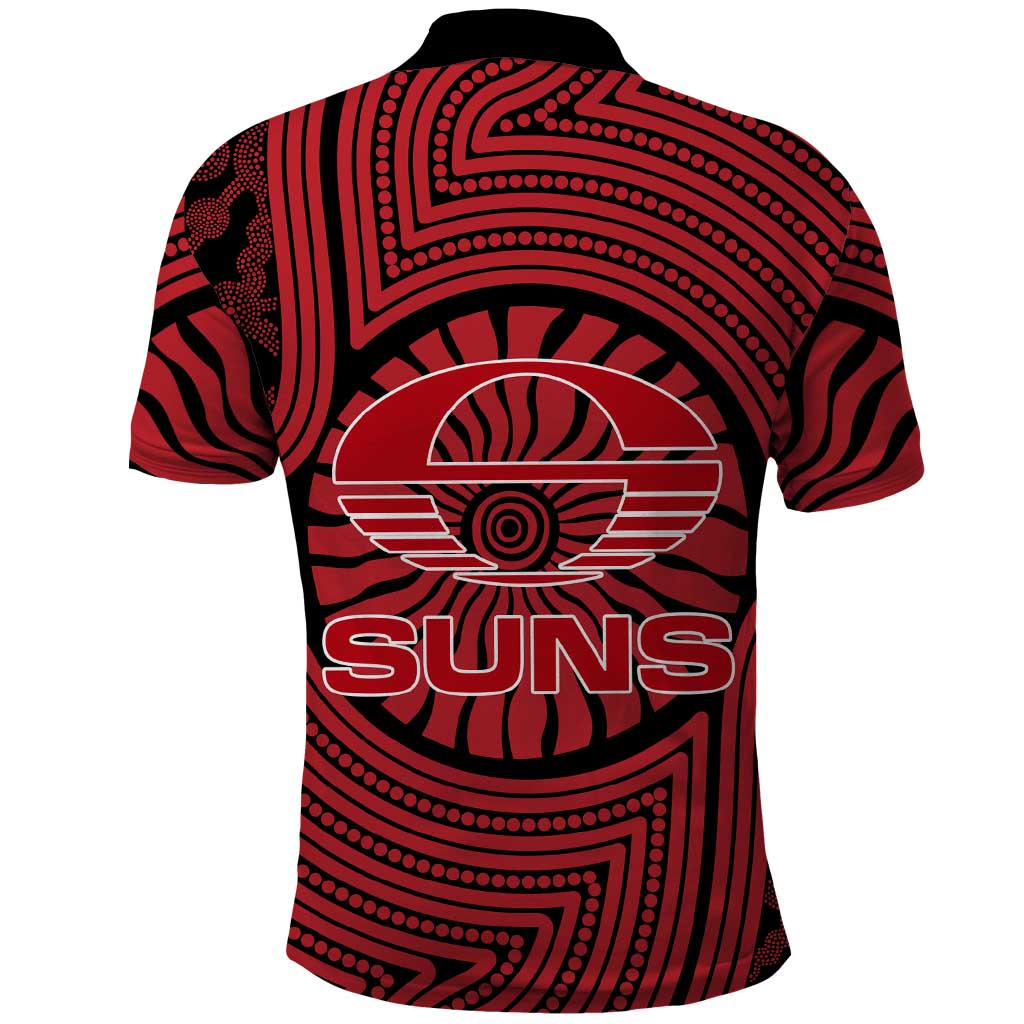 Gold Coast Suns Polo Shirt Indigenous Monochrome Dot Art Mascot Style