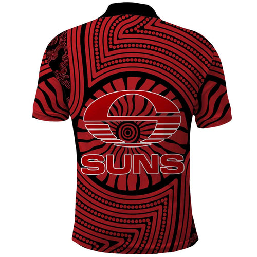 Gold Coast Suns Polo Shirt Indigenous Monochrome Dot Art Mascot Style