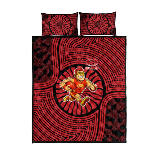 Gold Coast Suns Quilt Bed Set Indigenous Monochrome Dot Art Mascot Style
