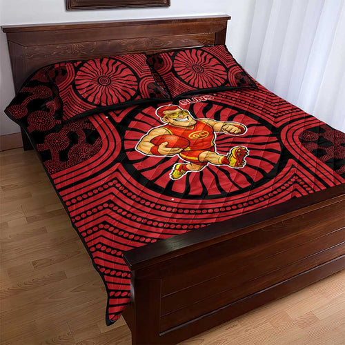 Gold Coast Suns Quilt Bed Set Indigenous Monochrome Dot Art Mascot Style