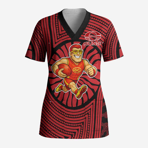 Gold Coast Suns Scrub Top Indigenous Monochrome Dot Art Mascot Style