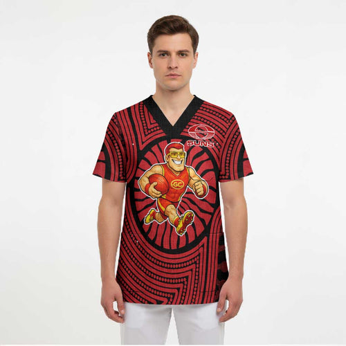 Gold Coast Suns Scrub Top Indigenous Monochrome Dot Art Mascot Style