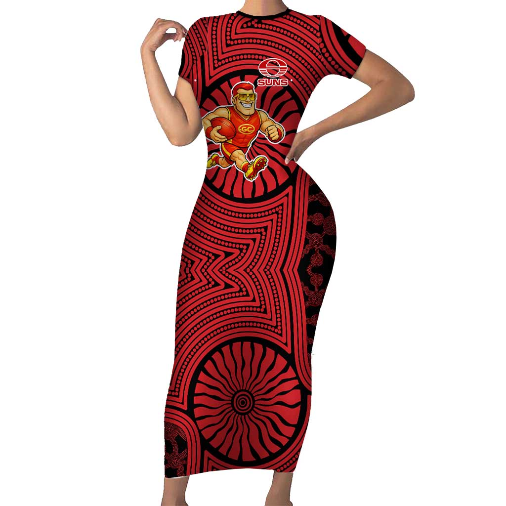 Gold Coast Suns Short Sleeve Bodycon Dress Indigenous Monochrome Dot Art Mascot Style