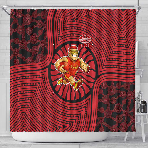 Gold Coast Suns Shower Curtain Indigenous Monochrome Dot Art Mascot Style