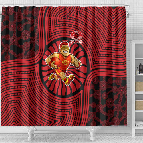 Gold Coast Suns Shower Curtain Indigenous Monochrome Dot Art Mascot Style