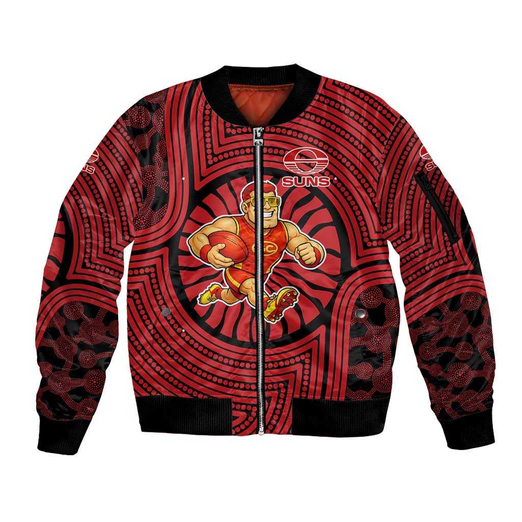 Gold Coast Suns Sleeve Zip Bomber Jacket Indigenous Monochrome Dot Art Mascot Style